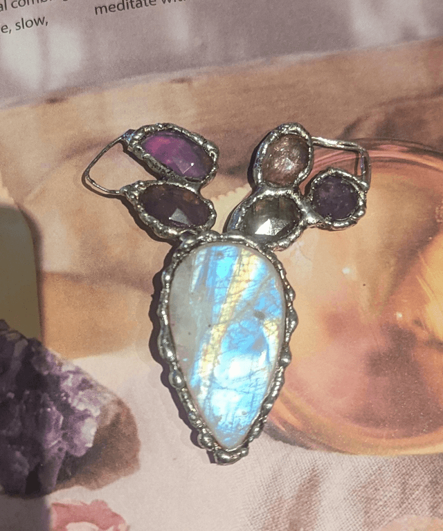 Witch necklace, goddess , rainbow moonstone statement, aurora opal, labradorite 