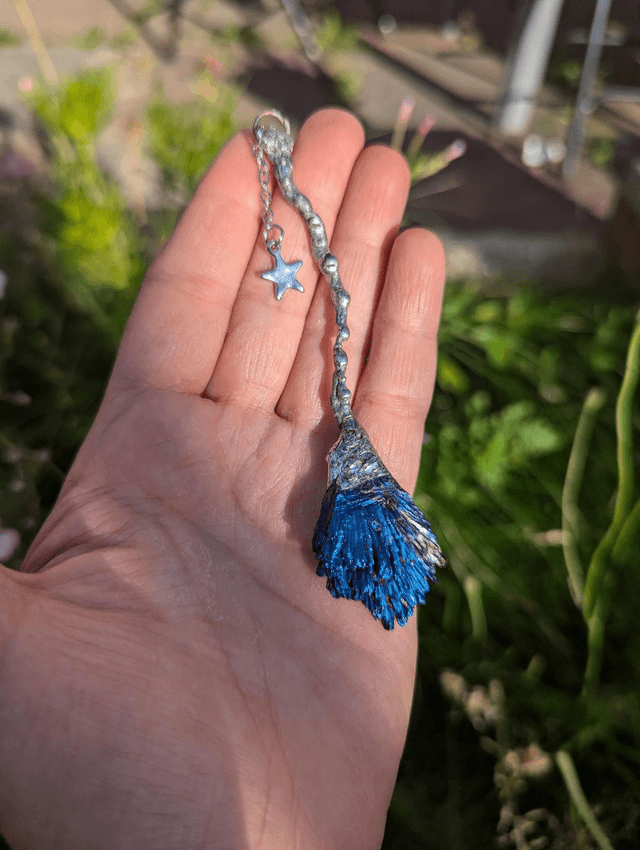 Witchy Broom with blue aura kyanite crystal 
