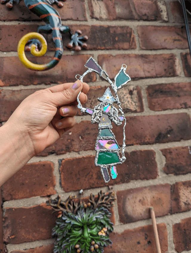 Witch with datura flower , Handmade stained glass window door decor 