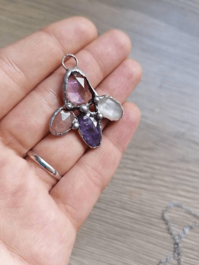 The Moth ,  with rose cut gemstones, Tanzanite, amethyst, peach moonstone & adularia moonstone