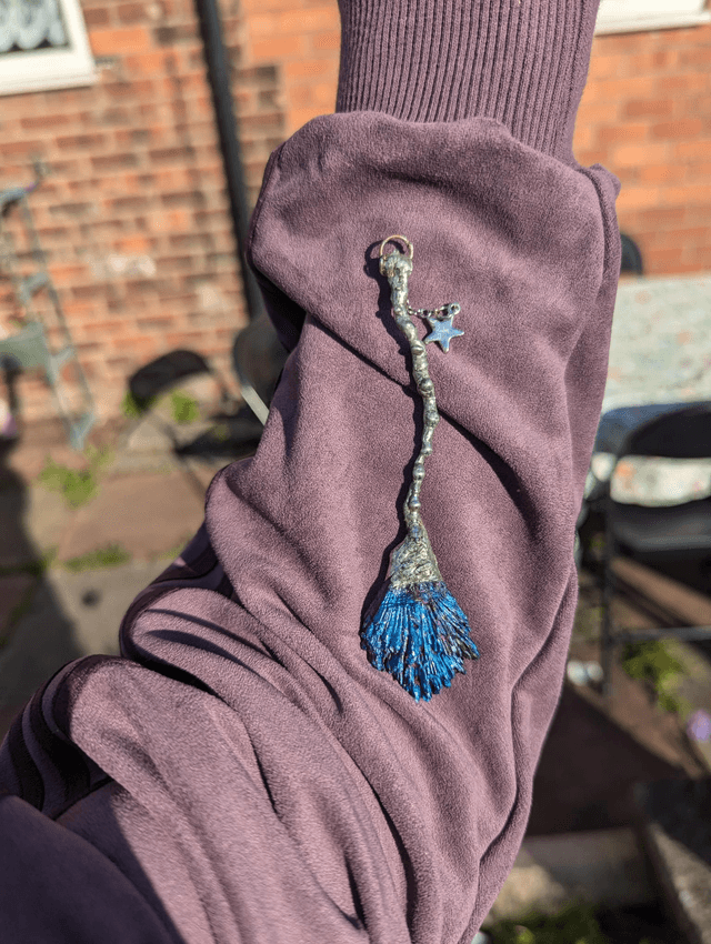 Witchy Broom with blue aura kyanite crystal 
