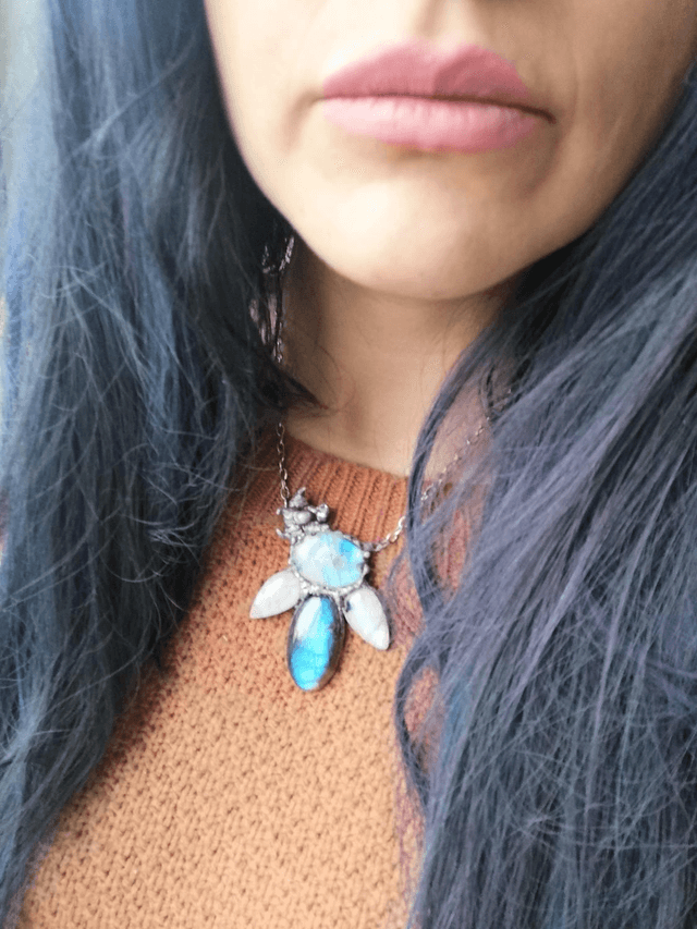 Statement labradorite and rainbow moonstone necklace 