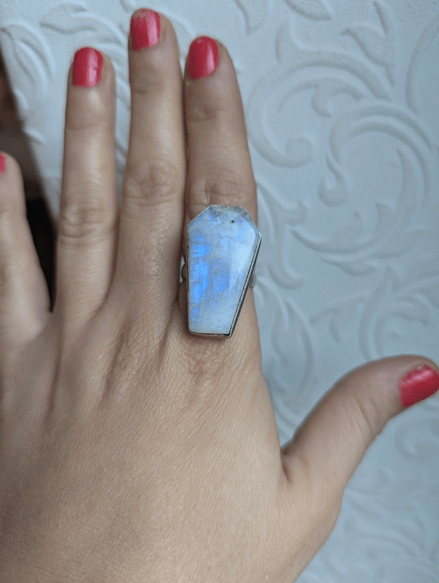 Rainbow moonstone ring coffin shaped 