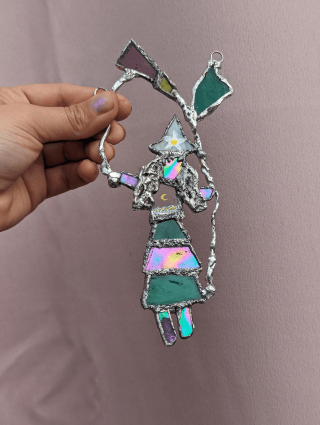 Witch with datura flower , Handmade stained glass window door decor 