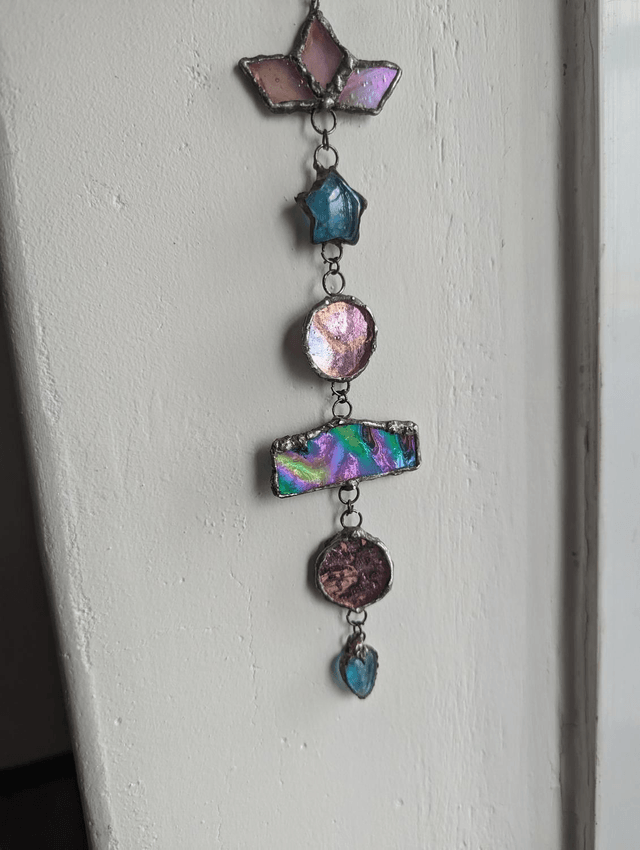 Sun catcher ,stained glass decor, iridised decor indoor , real apatite star and heart crystals gift