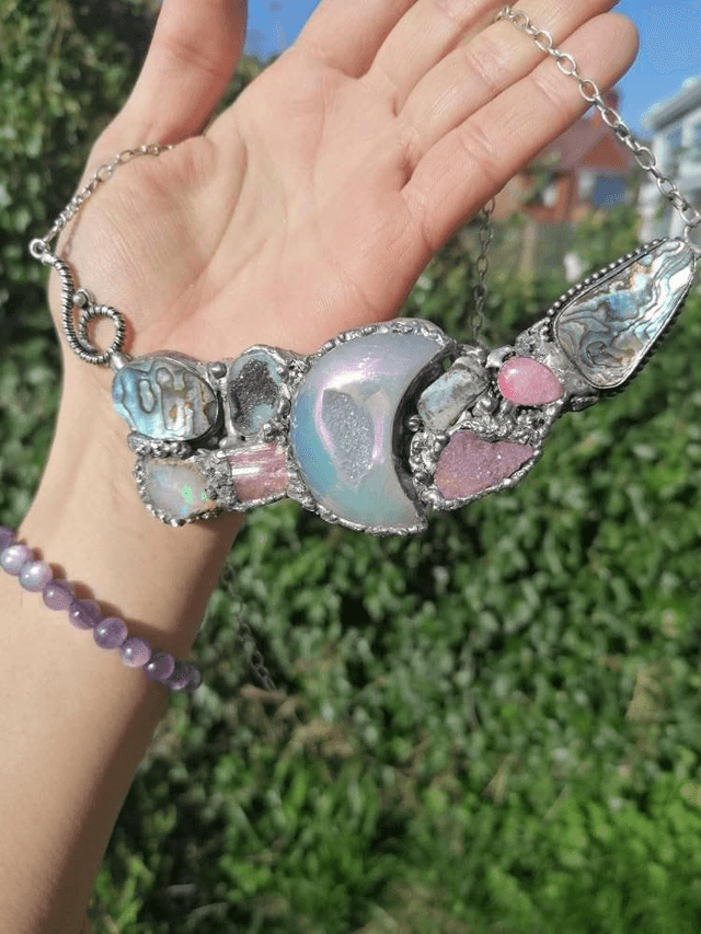 Statement necklace, Lavender jade, pink tourmaline, bohoo jewelry , moon aura agate, sterling silver, natural opal