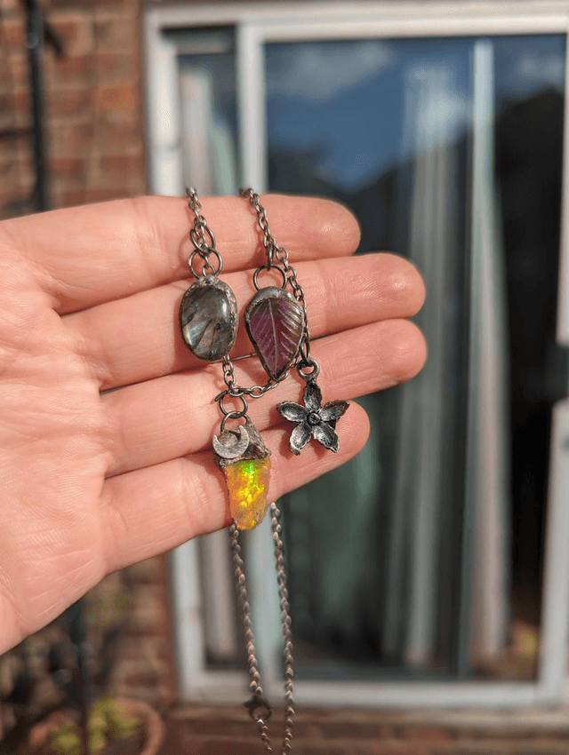 Dainty charm crystal necklaces , well opal, amethyst leaf, azurite , gift 