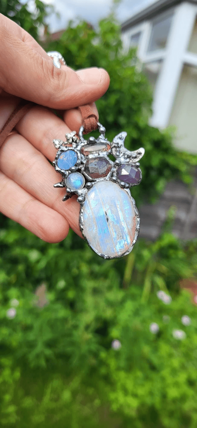 Statement Rainbow moonstone, electroformed, stained glass, opal, super 7,  boho jewellery, goth