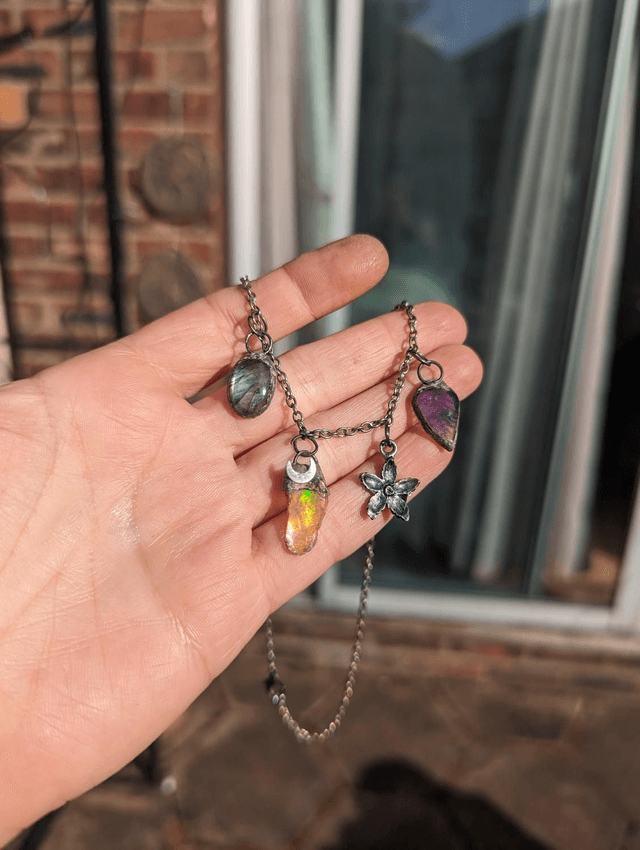 Dainty charm crystal necklaces , well opal, amethyst leaf, azurite , gift 