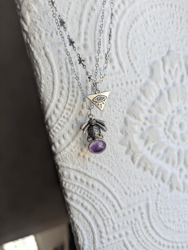 Double chain bee amethyst and evil eye stars 