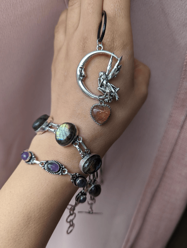 Necklace fairy moon with sunstone heart crystal in stainless steel 