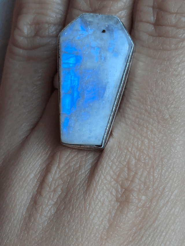 Rainbow moonstone ring coffin shaped 