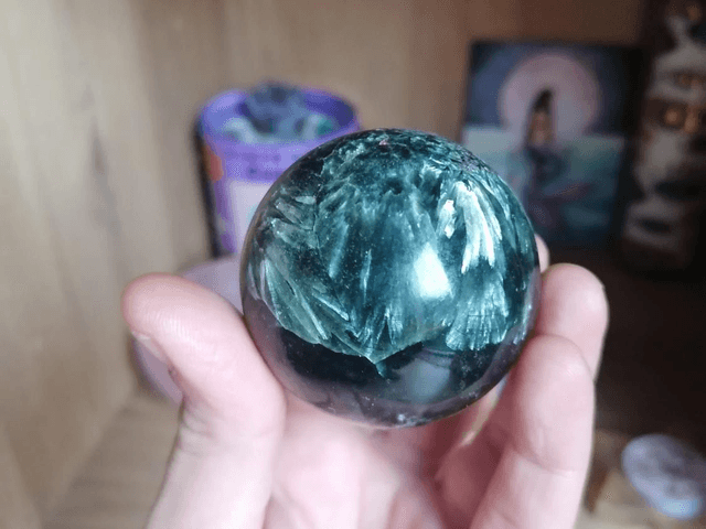 Crystal healing, pink amethyst cat, seraphinite sphere, chalcedony, goethita, aragonite gift