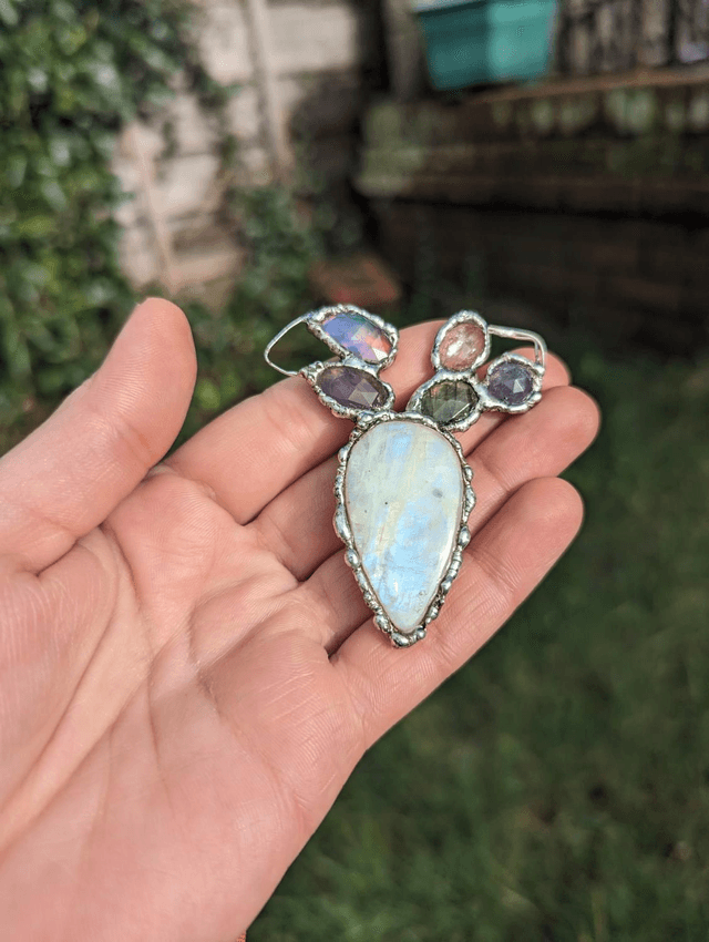 Witch necklace, goddess , rainbow moonstone statement, aurora opal, labradorite 