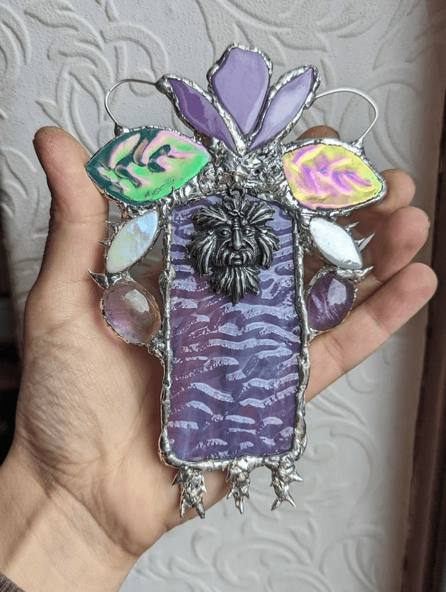 The Green Man ,Rare stained glass decor, ceramic decor wall , window , amethyst ,fairy, moon gift ,Hanging Art Ornament