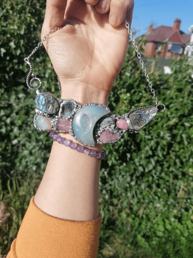Statement necklace, Lavender jade, pink tourmaline, bohoo jewelry , moon aura agate, sterling silver, natural opal
