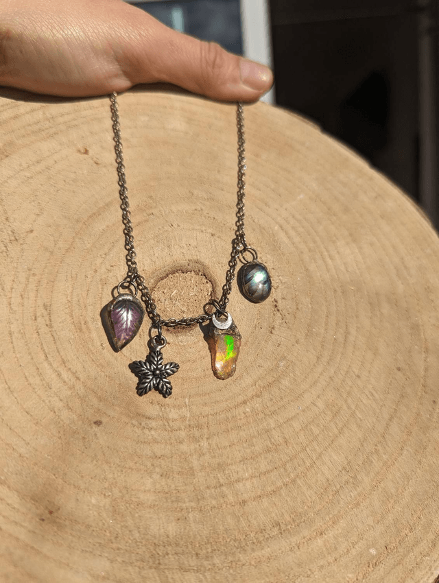 Dainty charm crystal necklaces , well opal, amethyst leaf, azurite , gift 
