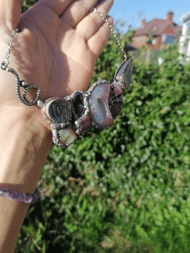 Statement necklace, Lavender jade, pink tourmaline, bohoo jewelry , moon aura agate, sterling silver, natural opal