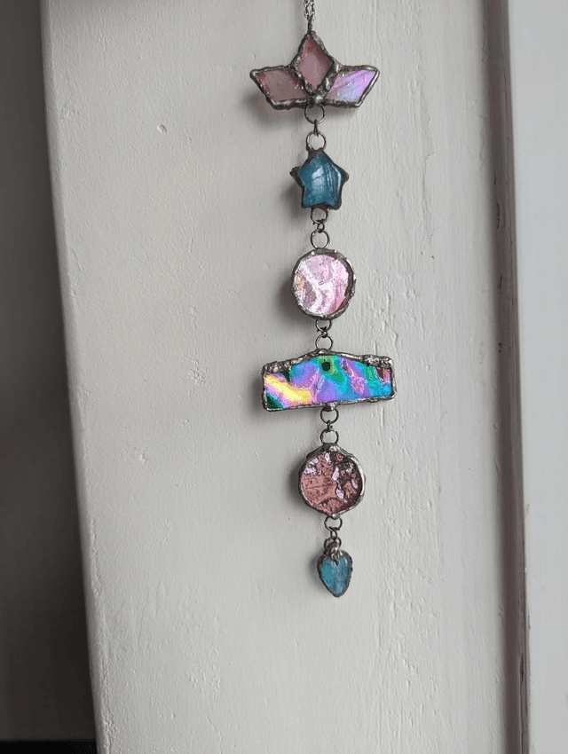 Sun catcher ,stained glass decor, iridised decor indoor , real apatite star and heart crystals gift