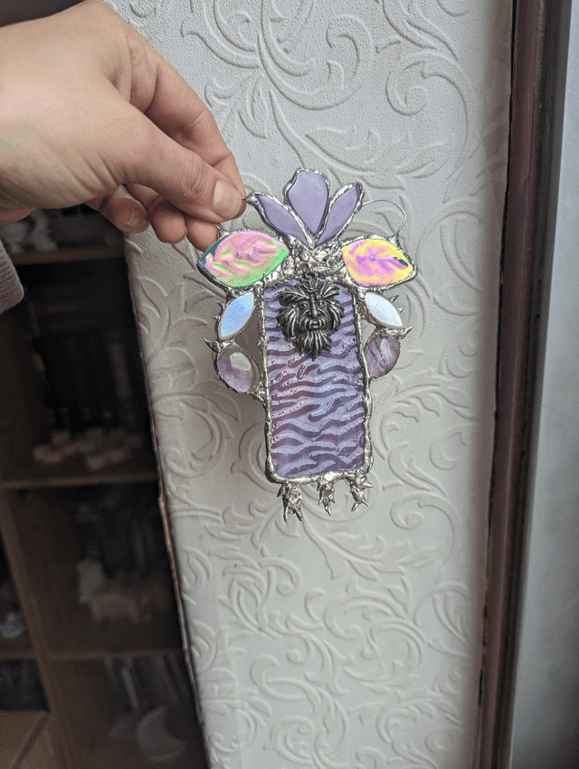The Green Man ,Rare stained glass decor, ceramic decor wall , window , amethyst ,fairy, moon gift ,Hanging Art Ornament