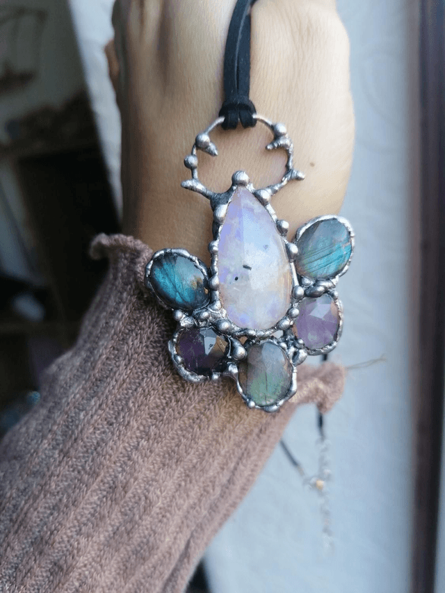 Statement  gift labradorite , rainbow moonstone, amethyst 