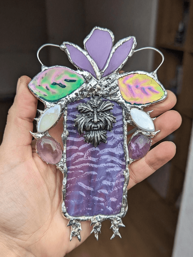 The Green Man ,Rare stained glass decor, ceramic decor wall , window , amethyst ,fairy, moon gift ,Hanging Art Ornament