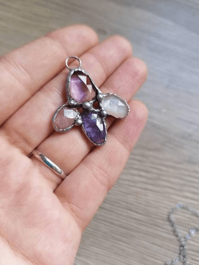 The Moth ,  with rose cut gemstones, Tanzanite, amethyst, peach moonstone & adularia moonstone