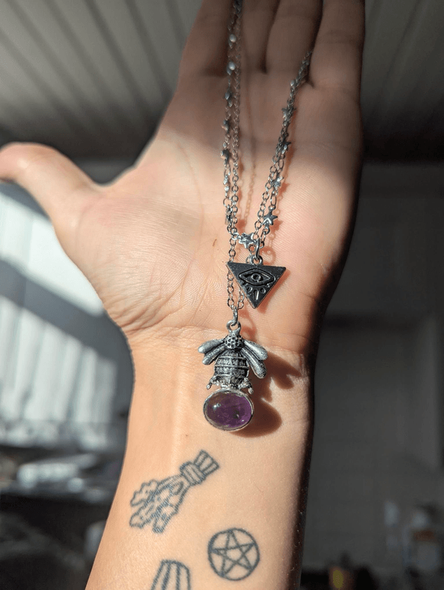 Double chain bee amethyst and evil eye stars 