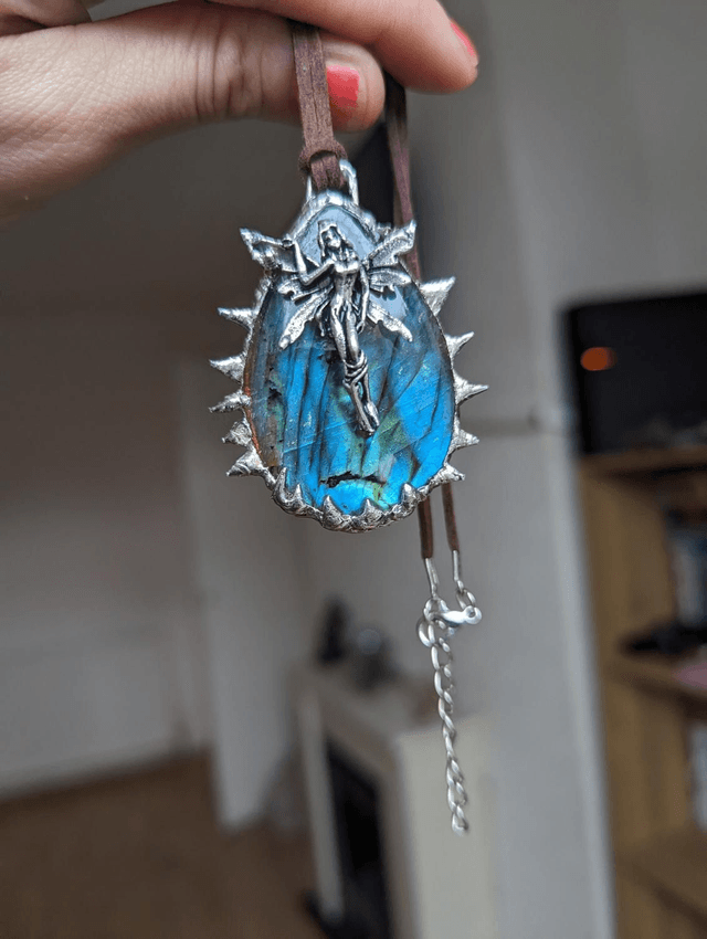 Spiky Blue Labradorite necklace with fairy charm 