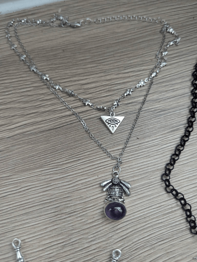 Double chain bee amethyst and evil eye stars 