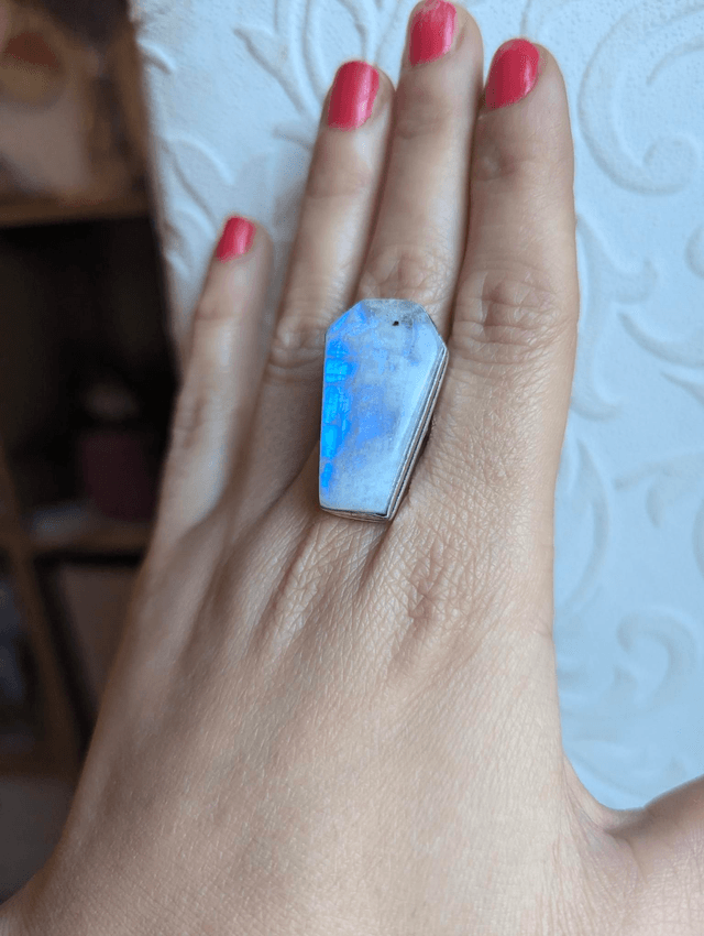 Rainbow moonstone ring coffin shaped 