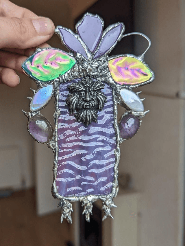 The Green Man ,Rare stained glass decor, ceramic decor wall , window , amethyst ,fairy, moon gift ,Hanging Art Ornament