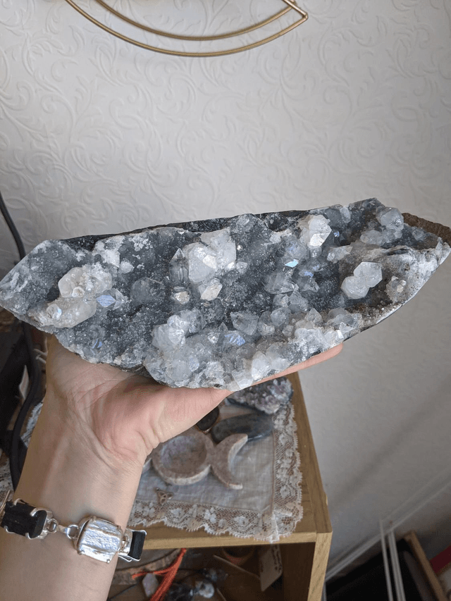 Aphophyllite on blue Chalcedony, rare crystal from Brazil 