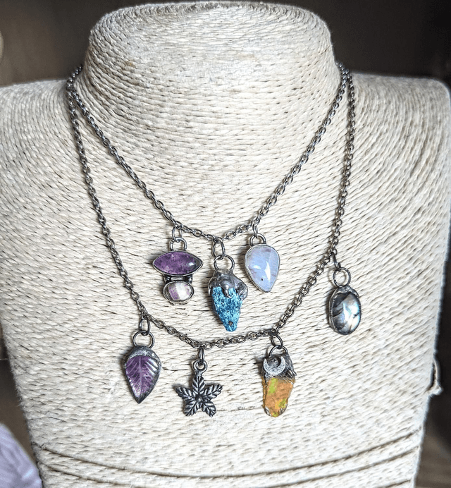 Dainty charm crystal necklaces , well opal, amethyst leaf, azurite , gift 