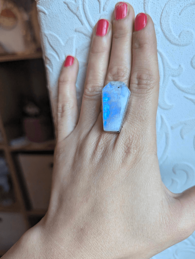 Rainbow moonstone ring coffin shaped 