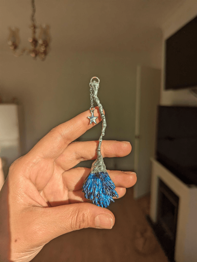 Witchy Broom with blue aura kyanite crystal 