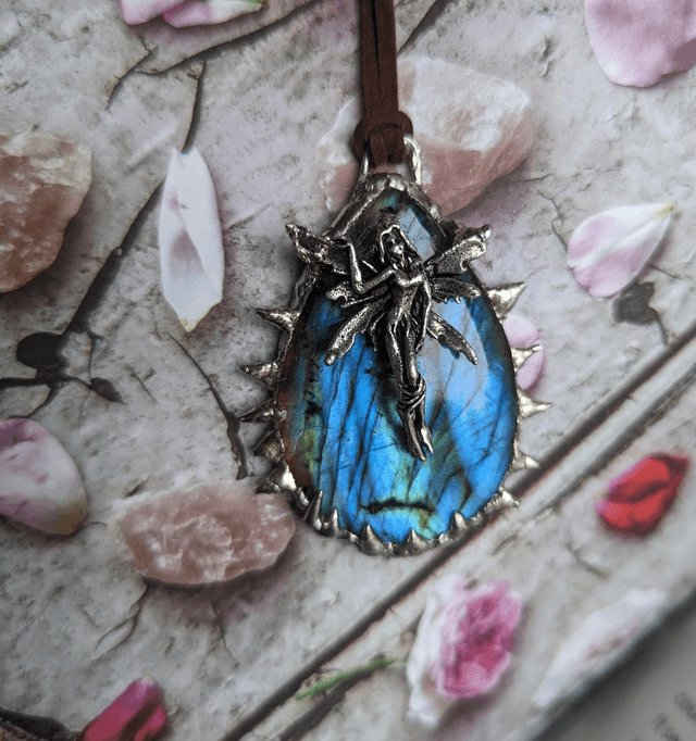 Spiky Blue Labradorite necklace with fairy charm 