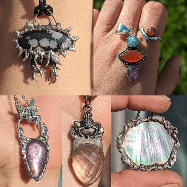 mother of pear necklace l , frog prince, gemmy lepidolite, snowflake obsidian ,soldered necklace, handmade jewelry, gift