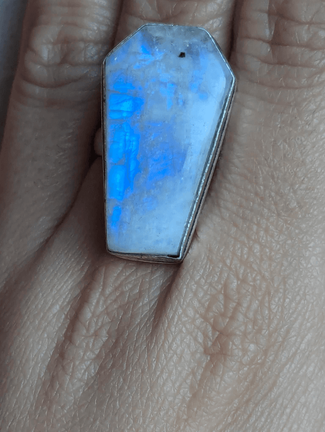 Rainbow moonstone ring coffin shaped 