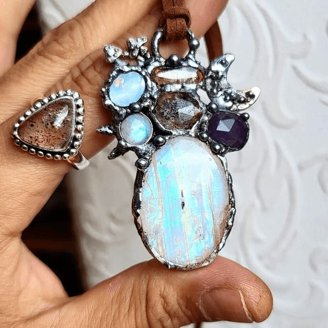 Statement Rainbow moonstone, electroformed, stained glass, opal, super 7,  boho jewellery, goth