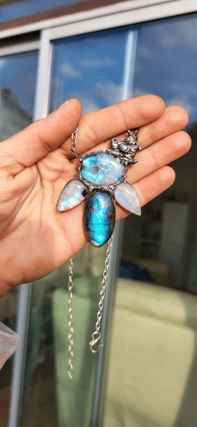 Statement labradorite and rainbow moonstone necklace 