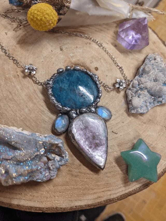 Lepidolite rainbow moonstone and apatite statement crystal necklace 
