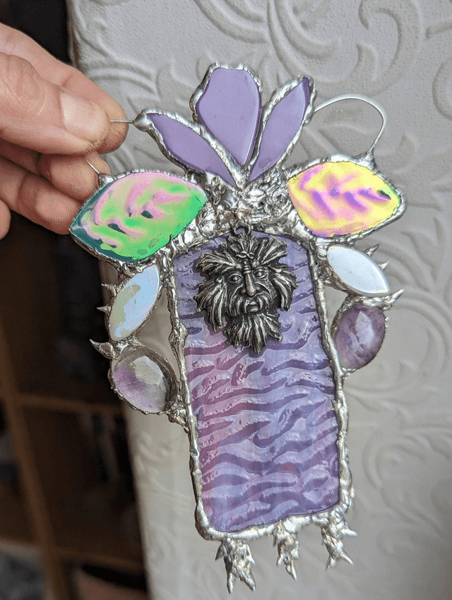 The Green Man ,Rare stained glass decor, ceramic decor wall , window , amethyst ,fairy, moon gift ,Hanging Art Ornament