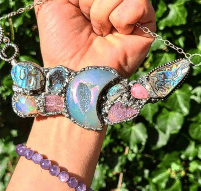 Statement necklace, Lavender jade, pink tourmaline, bohoo jewelry , moon aura agate, sterling silver, natural opal