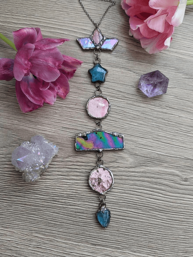 Sun catcher ,stained glass decor, iridised decor indoor , real apatite star and heart crystals gift