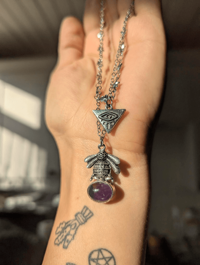Double chain bee amethyst and evil eye stars 