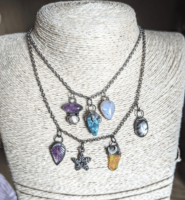 Dainty charm crystal necklaces , well opal, amethyst leaf, azurite , gift 